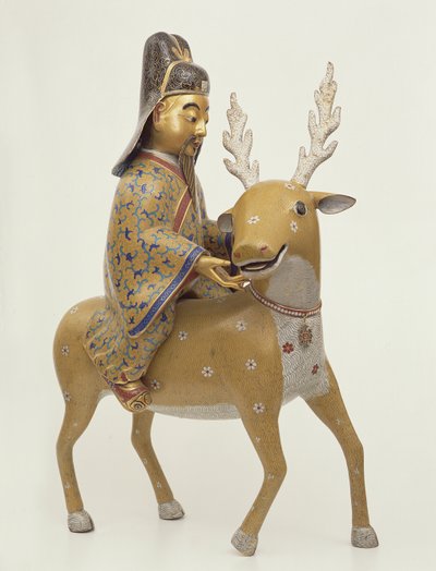 Figur eines Unsterblichen, der auf einem Hirsch reitet (Cloisonné-Email) von Chinese School