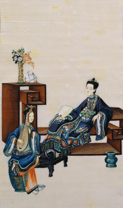Dame liegt mit einem Diener, der ein Musikinstrument spielt von Chinese School