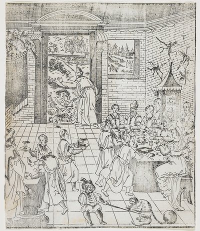 Lazarus im Haus des reichen Mannes, Platte aus Giulio Alenis Tianzhu jiangsheng zhuxiang jingjie (Eine illustrierte Geschichte des Herrn des Himmels, der Fleisch geworden ist), Jinjiang Kirche, Fu von Chinese School