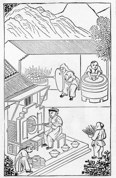 Öffnen und Schließen von Öfen, aus einer Serie von Illustrationen zur Herstellung von Porzellan von Chinese School