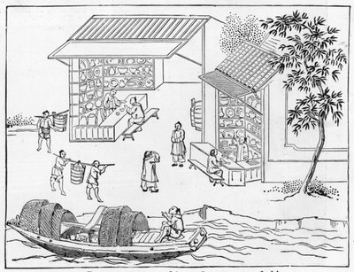 Porzellangeschäfte und Boote zum Transport von Porzellan, aus einer Serie von Illustrationen zur Herstellung von Porzellan von Chinese School