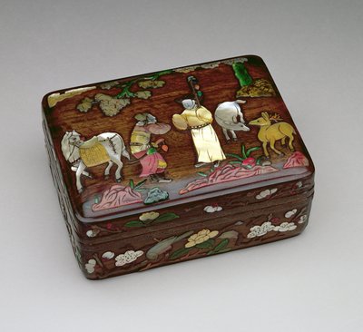 Rechteckige Tzu-Tan-Box, darstellend einen kaiserlichen Boten, der die Freilassung von Su Wu erwirken soll, hergestellt von der Chou-Familienwerkstatt, Mitte-spätes Ming-Dynastie 1368-1644 von Chinese School