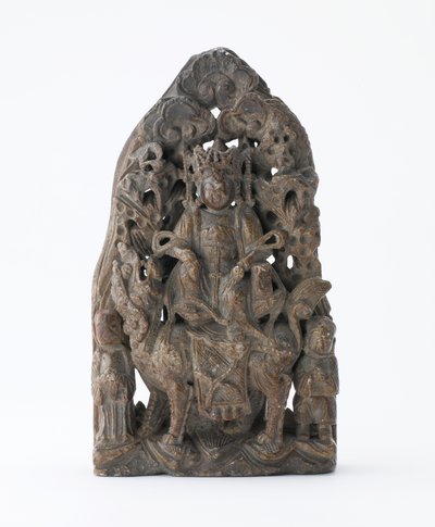 Kleine Specksteintafel mit durchbrochenem Relief von Manjusri auf Löwe, Zeit der Teilung, 543 n. Chr. von Chinese School