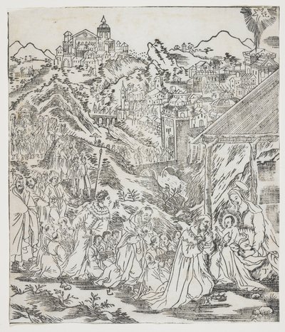 Die Anbetung Christi, Platte aus Giulio Alenis Tianzhu jiangsheng zhuxiang jingjie (Eine illustrierte Geschichte des Herrn des Himmels, der Fleisch geworden ist), Jinjiang Kirche, Provinz Fujian von Chinese School
