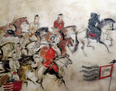 Grab des Prinzen Zhanghuai, Jagdszene mit Pferden, Xian, Han-Periode, 706 (Wandmalerei) von Chinese School