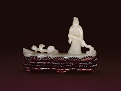 Zhang Qian auf einem Holzfloß, das mit einem Lingzhi-Zweig steuert, neben einem Lingzhi-Zweig und einem Pfirsich von Chinese School