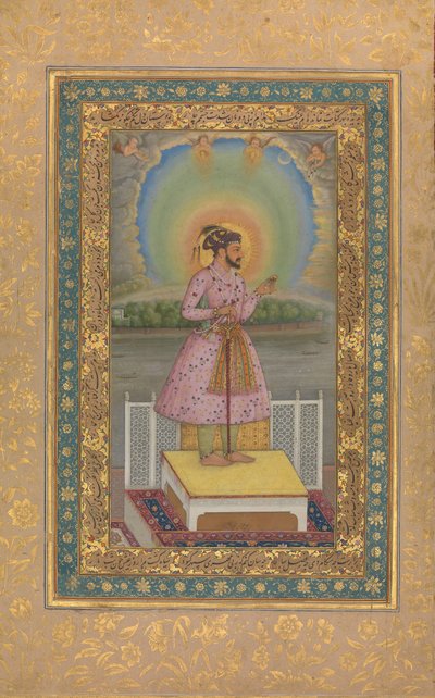 Shah Jahan auf einer Terrasse, hält ein Medaillon mit seinem Porträt, Folio..., 1627-28 von Chitarman