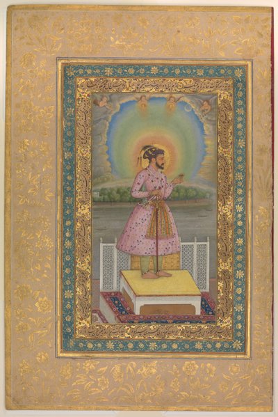 Shah Jahan auf einer Terrasse, hält ein Medaillon mit seinem Porträt, Folio aus dem Shah Jahan Album, recto: 1627-28 von Chitarman