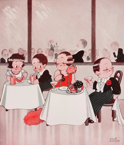 Stadtmäuse und Landmäuse, feine Bürger gegen unfeine Landbewohner, Restaurantszene, Zeichnung von Chloe Preston aus The Tatler, Nr. 1384, 4. Januar von Chloe Preston