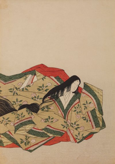 Hofdame in olivgrauem Gewand mit Kirschblütenmotiv, Tafel aus dem Album: Nishiki-zuri onna sanju rokkasen e-zukushi von Chobunsai Eishi