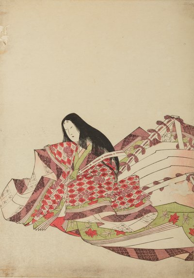 Hofdame in einem Kleid mit weiß-roten Rauten, Tafel aus dem Album: Nishiki-zuri onna sanju rokkasen e-zukushi von Chobunsai Eishi
