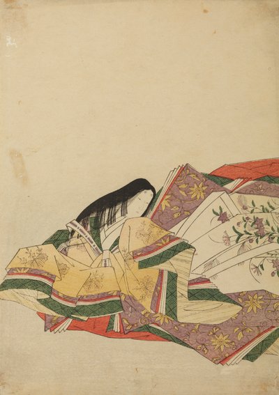 Hofdame, sitzend, nach links gewandt, Tafel aus dem Album: Nishiki-zuri onna sanju rokkasen e-zukushi von Chobunsai Eishi