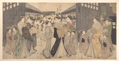 Oiran und Begleiter am Ō Mon oder Großes Tor von Yoshiwara von Chobunsai Eishi