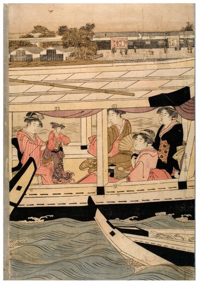 Teil eines horizontalen Pentaptychon der Sumida-Fluss-Szene von Chobunsai Eishi