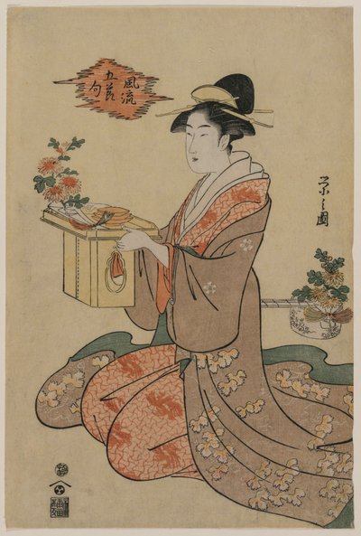 Frau, die einen Holzbecherständer mit Chrysanthemen hält..., Mitte der 1790er Jahre von Chobunsai Eishi