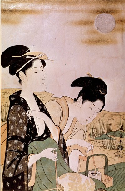 Den Mond bewundern: zwei rauchende Frauen. Drucke von Choki Eishosai (aktiv Ende des 18. Jahrhunderts - Anfang des 19. Jahrhunderts) von Choki Eishusai