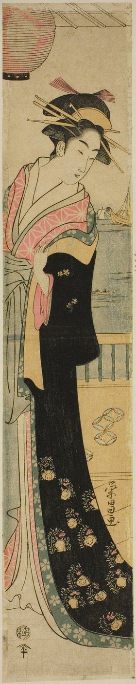 Frauen stehen auf einer Veranda am Fluss von Chokosai Eisho