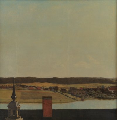 Dachfirst des Schlosses Frederiksborg mit Blick auf See, Stadt und Wald von Christen Købke