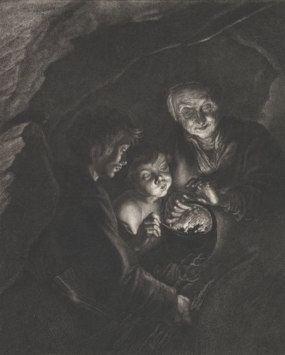 Nachtszene in einer Höhle mit einer alten Frau, die glühende Kohlen in einem Topf hält, ein Junge bläst..., ca. 1750-57 von Christian Friedrich Boëtius