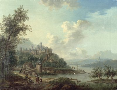 Eine Rheinlandschaft mit einer Brücke und Figuren im Vordergrund und einer befestigten Stadt auf einem Hügel dahinter von Christian Georg II Schutz or Schuz