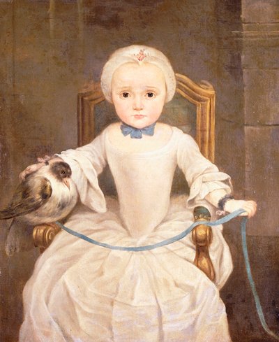 Ein junges Mädchen, sitzend, dreiviertellang, trägt ein elfenbeinfarbenes Kleid und eine Haube mit einer Taube von Christian Lindner