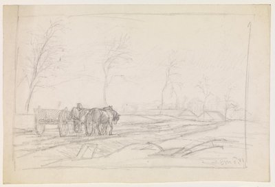 Landschaft mit blattlosen Bäumen und einem Arbeitswagen von Christian Mourier Petersen