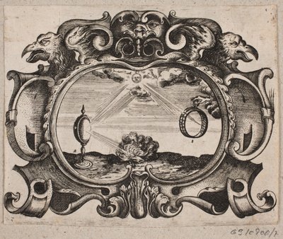 Emblem mit Sonne, die durch einen Ring und eine Brennlinse strahlt, sodass ein Feuer entfacht wird von Christian Rothgiesser