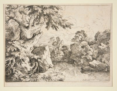 Landschaft mit Teich, umgeben von Felsen und Bäumen von Christian Wilhelm Ernst Dietrich