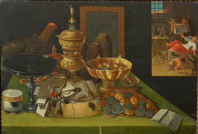 Allegorie des weltlichen Reichtums mit der Szene des Todes des reichen Mannes, ca. 1600 von Christian van den Perre