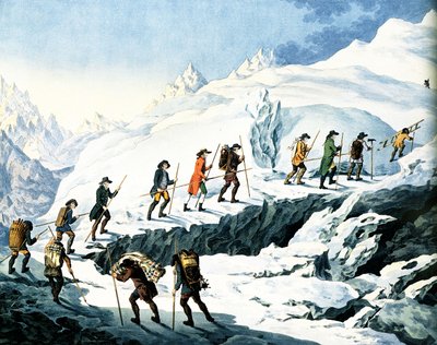 2. Besteigung des Mont Blanc durch Horace-Benedict de Saussure im August 1787, kolorierte Gravur von Marquardt Wocher, veröffentlicht 1790 von Christian von Mechel