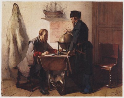 Jacob van Heemskerk und Willem Barendsz planen ihre Reise in die Arktis im Jahr 1594 von Christoffel Bisschop