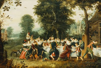 Elegante Figuren an einem Banketttisch in einer bewaldeten Lichtung von Christoffel Jacobsz van der Lamen