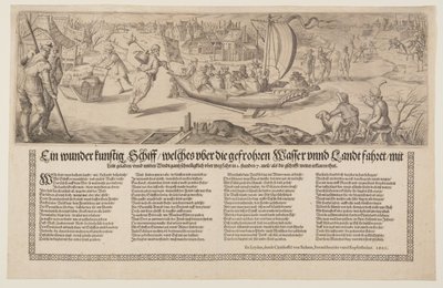 Flugblatt mit einem Lastkahn, der auf Eis segelt von Christoffel van Sichem I