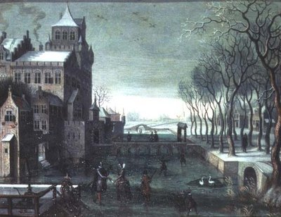 Eine Winterlandschaft mit Figuren, die bei einer Burg auf einem Wassergraben Schlittschuh laufen von Christoffel van den (circle of) Berghe