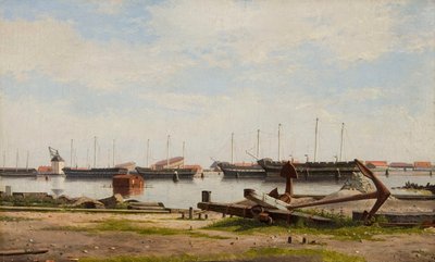 Parti af Nyholm med kranen og nogle krigsskibe von Christoffer Wilhelm Eckersberg