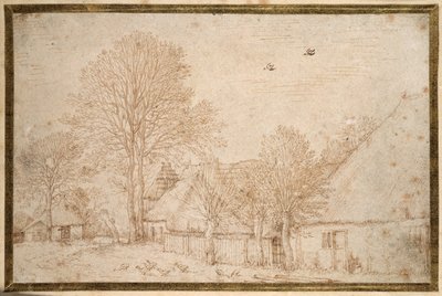 Reetgedeckte Gebäude, fast kahle Bäume und eine Gänseschar von Kosma Sergejewitsch Petrow Wodkin