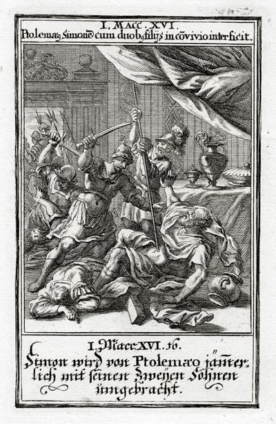 Simon und seine zwei Söhne werden von Ptolemäus getötet. 1 Makkabäer 14:16, 1695 von Christoph Weigel