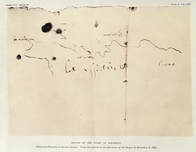 Skizze der Küste von Espanola, gezeichnet von Kolumbus auf der ersten Reise, aus dem Original im Besitz des Duque de Berwick y de Alba, 1492 von Christopher Columbus