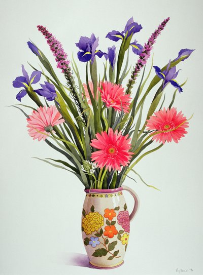 Schwertlilien und Gerbera in einem niederländischen Krug von Christopher Ryland