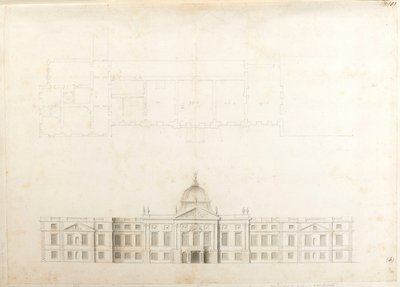 Hampton Court Palace, Teilplan und Skizzenansicht für eine Eingangsfassade, wahrscheinlich für das 2. Schema, nummeriert 5 & 6 von Christopher Wren