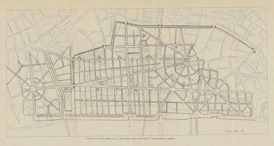Sir Christopher Wrens Plan zum Wiederaufbau des verbrannten Gebiets überlagert auf den bestehenden Straßen von Christopher Wren