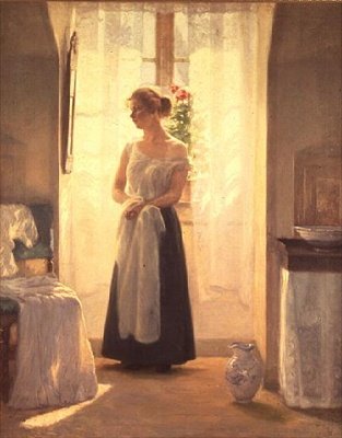 Innenraum mit einem Mädchen vor einem Spiegel von Cilius Anderson
