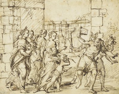 Das Lupercalianische Fest in Rom: Amor und Personifikationen der Fruchtbarkeit begegnen den Luperci, die als Hunde und Ziegen verkleidet sind von Circle of Adam Elsheimer