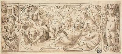 Entwurf für dekoratives Fries mit Joseph, der seinen Brüdern seinen Traum deutet von Circle of Giovanni Battista Castello