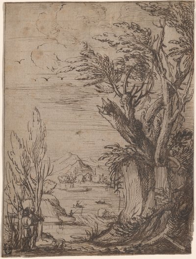 Landschaft mit knorrigen Bäumen und Fischer von Circle of Jacques de Gheyn
