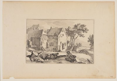 Ein Bauernhof, ruhender Schäfer im Vordergrund, aus Landschaften (Verscheyden aerdige Lanthuysen...) von Claes Jansz. Visscher