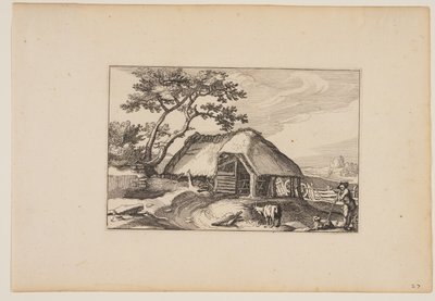 Scheune, Hirte ruht auf seinem Stock im rechten Vordergrund, aus Landschaften (Verscheyden aerdige Lanthuysen...) von Claes Jansz. Visscher