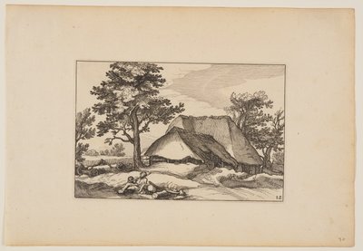 Scheunen, Ruhende Herde und Hund im Vordergrund, aus Landschaften (Verscheyden aerdige Lanthuysen...) von Claes Jansz. Visscher