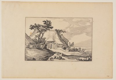 Scheunen, Ruhender Mann mit Eierkorb im Vordergrund, aus Landschaften (Verscheyden aerdige Lanthuysen...) von Claes Jansz. Visscher