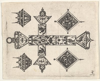 Schwarzarbeit-Druck mit einem lateinischen Kreuz und vier Motiven, ca. 1620 von Claes Jansz Visscher